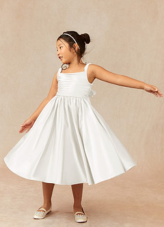 Azazie Cutie Pie Flower Girl Dresses Ivory A-Line Pleated Matte Satin Dress image3