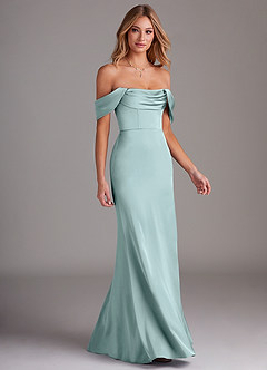 Azazie Saige Bridesmaid Dresses Sea Glass Sheath Off the Shoulder Stretch Satin Dress image6