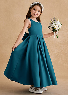 Azazie Honey Bear Flower Girl Dresses Ink Blue A-Line Pleated Matte Satin Dress image5