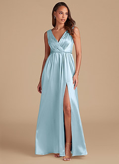 Azazie Tanicia Robes de demoiselle d'honneur Robe Trapèze en Satiné métallisé Plissée Bleu Ciel image1