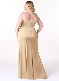 Azazie Marzia Bridesmaid Dresses Champagne Sheath Cowl Pleated Stretch Satin Dress image8