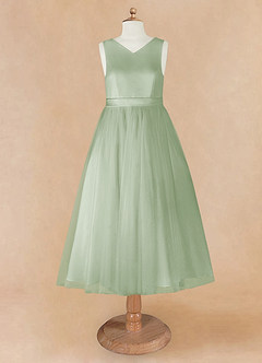 Azazie Marlee Final Sale Dusty Sage A-Line Pleated Matte Satin Dress image7