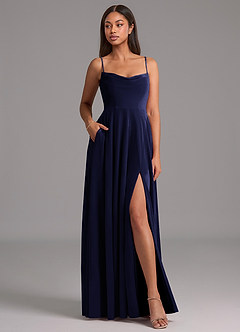 Azazie Elle Bridesmaid Dresses Dark Navy A-Line with Pockets Velvet Dress image4