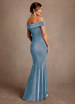 Azazie Billings Abiti per la Madre della Sposa Abito Sirena in Velluto a Spalla Scoperta Blu Polveroso image3