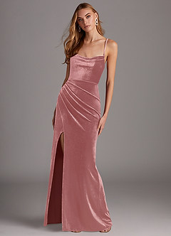 Azazie Kindness Final Sale Dusty Rose Sheath Cowl Neckline Corset Velvet Dress image3