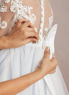 Azazie Elodie Flower Girl Dresses Ivory Dusty Blue Ball-Gown Lace Dress image9