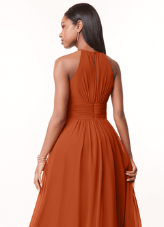 Azazie Bonnie Robes de demoiselle d'honneur Robe Trapèze en Mousseline de soie Trou de serrure froncé Orange Brûlée image4