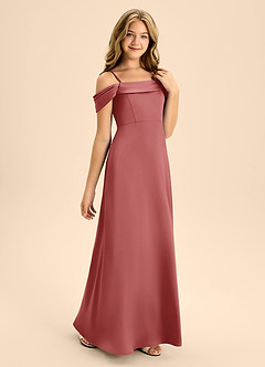 Azazie Anselie Junior A라인 오프 더 숄더 스트레치 새틴 플로어 길이 주니어 신부 들러리 드레스 image5