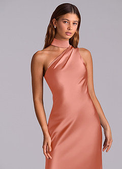 Azazie Seona Vestidos de madrinha de casamento Vestido Rosa Salmão de Cetim elástico de sereia com Ombro Único image3