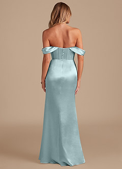 Azazie Asha Bridesmaid Dresses Mist Sheath Off the Shoulder Metallic Satin Dress image7
