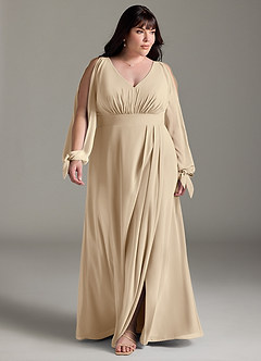 Azazie Matilda Bridesmaid Dresses Champagne A-Line Long Sleeve Chiffon Dress image14