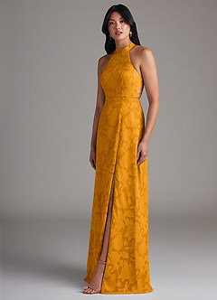 Azazie Clarice Bridesmaid Dresses Butterscotch A-Line Side Slit Floral Burnout Dress image3