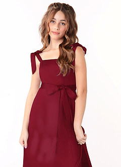 Azazie Barbara Junior Burgundy A-Line Bow Matte Satin Dress image5