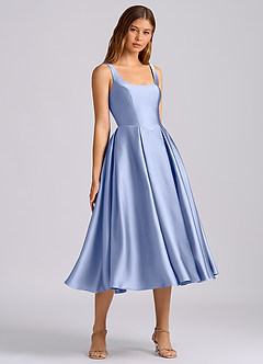 Azazie Amalie 신부 들러리 드레스 A라인 주름진 스트레치 새틴 티 길이 드레스 image1