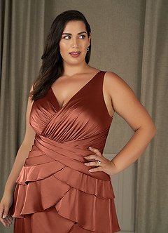 Azazie Viola Mother of the Bride Dresses Clay A-Line Pleated Stretch Satin Dress image9