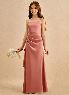 Azazie Cannoli Girls Formal Blumenmädchenkleider A-Linie Plissee Stretch-Satin Kleid Lachsrosa image3