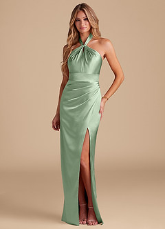 Azazie Zaya Bridesmaid Dresses Matcha Sheath Pleated Metallic Satin Dress image1
