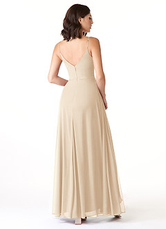 Azazie Evalin Bridesmaid Dresses Champagne A-Line V-Neck Pleated Mesh Dress image4