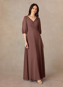 Azazie Bronwyn Mère de la mariée Robes Robe Trapèze en Mousseline de soie Col V froncé Expresso image2