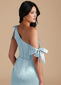 Azazie Xyla Bridesmaid Dresses Sky Blue Sheath Off the Shoulder Metallic Satin Convertible Dress image3