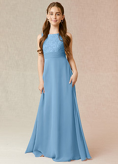 Azazie Snow Junior Abito A-Line in Chiffon Pizzo Blu Acciaio image1