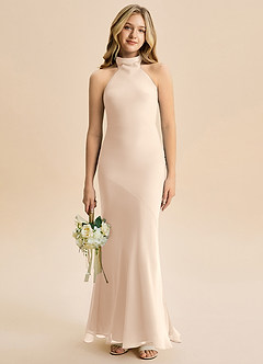 Azazie Velli Junior Meerjungfrau-Linie Hoher Kragen Chiffon Kleid Alabaster Weiß image1