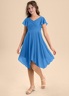 Azazie Janeaurelia Junior Abito A-Line in Chiffon Plissettato Blue Jay image3