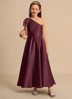 Azazie Guppy Girls Formal Flower Girl Dresses Cabernet A-Line One Shoulder Matte Satin Dress image3