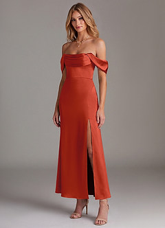 Azazie Saige Bridesmaid Dresses Rust Mermaid Off the Shoulder Stretch Satin Dress image4