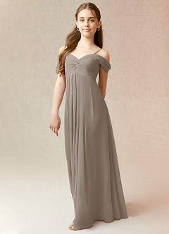 Azazie Kaitlynn Junior Taupe A-Line Off the Shoulder Chiffon Dress image4