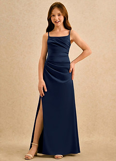 Azazie Cannoli Girls Formal Blumenmädchenkleider A-Linie Plissee Matte Satin Kleid Dunkelmarine image3