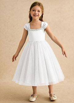 Azazie Yosemite Abiti da Ragazza di Fiori Abito Principessa in Tulle Scollo a Cuore Bianco image4