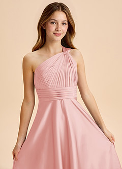 Azazie Charlize Junior Powder Pink A-Line Pleated Stretch Satin Dress image11
