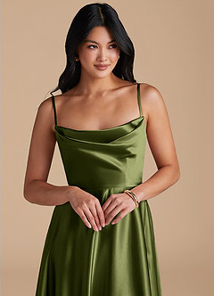 Azazie Elle Bridesmaid Dresses Olive A-Line with Pockets Metallic Satin Dress image3