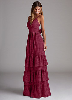 Azazie Nathalia Bridesmaid Dresses Burgundy A-Line Bow Floral Burnout Dress image3