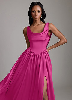 Azazie Novi Bridesmaid Dresses Fuchsia A-Line with Pockets Stretch Satin Dress image3