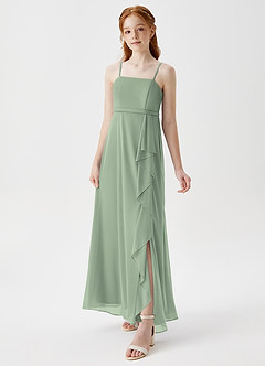 Azazie Kaylee Junior Dusty Sage A-Line with Belt Mesh Dress image3