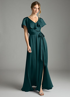 Azazie Lainey Bridesmaid Dresses Pine A-Line with Pockets Stretch Satin Dress image1