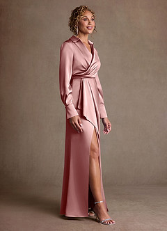 Azazie Jacinta Final Sale Dusty Rose Sheath Pleated Stretch Satin Dress image4
