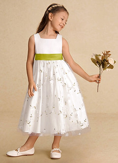 Azazie Pollie Flower Girl Dresses Ivory Lemongrass A-Line Bow Tulle Dress image4