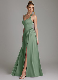 Azazie Francis Vestidos de damas de honor Vestido de Matcha de Satén Elástico de Corte en A con Corsé image6