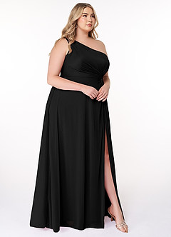 Azazie Brooke Vestidos de madrinha de casamento Vestir Preto de Malha de Linha A com Um ombro image9