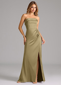 Azazie Aretha Robes de demoiselle d'honneur Robe Trapèze Convertible en Satin extensible Sans bretelle Vert Mousse image4