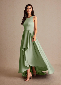 Azazie Niles Mother of the Bride Dresses Dusty Sage A-Line Trains Stretch Satin Dress image3