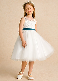 Azazie Lettie Flower Girl Dresses Ivory Ink Blue Ball-Gown Lace Dress image4
