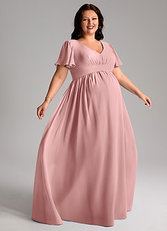 Azazie Verna Zwangerschaps Bruidsmeisjekleding A-Lijn V-hals Gerimpeld Chiffon Vloerlengte Jurk image9