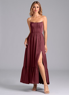 Azazie Leilana Robes de demoiselle d'honneur Robe Trapèze en Satin extensible Corset Merlot image3