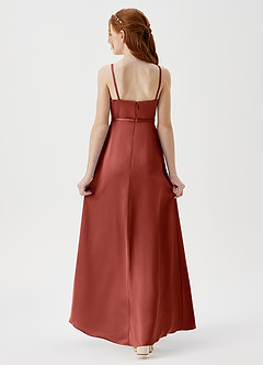 Azazie Kaylee Junior Terracotta A-Line with Belt Stretch Satin Dress image2