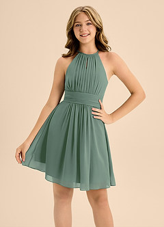 Azazie Bonnie Junior Abito A-Line in Chiffon Plissettato Eucalipto image5