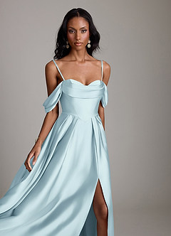 Azazie Loisa Abiti da Damigella Abito A-Line in Raso Elasticizzato a Spalla Scoperta Nuvola Blu image3